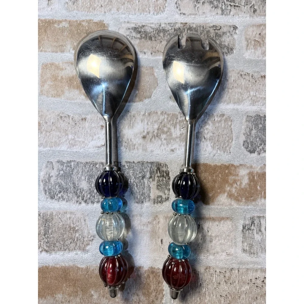 Stainless Steel Salad Servers Glass Bead Handles Blue Red Clear 2 Piece Set